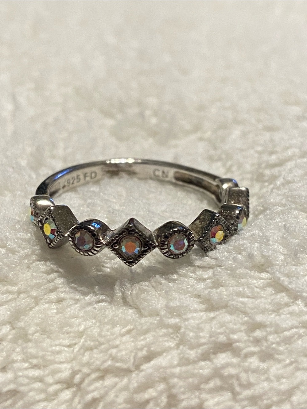 Sterling Silver 925 Aurora rhinestone Band Ring - Iridescent